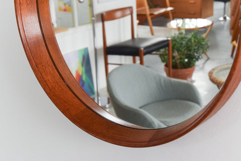 Vintage Small Round Teak Wall Mirror with Leather Hanging Strap