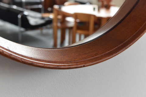 Vintage Small Round Teak Wall Mirror with Leather Hanging Strap