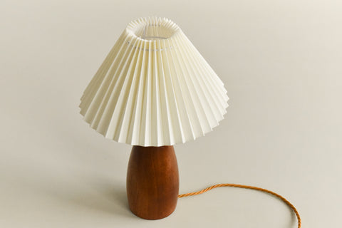 Vintage Small Teak Turned Table Lamp with New Cream Pleated Lampshade