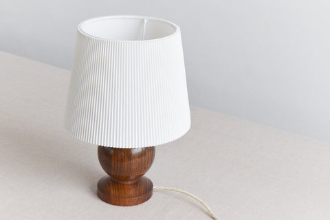 Vintage Small Wooden Table Lamp with White Ribbed Shade