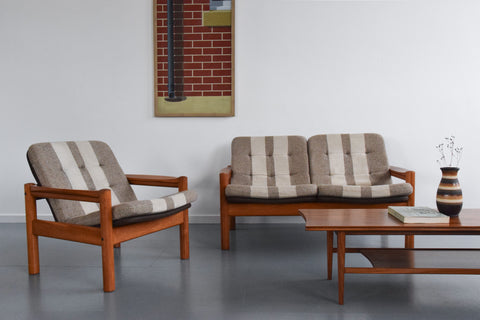 Vintage Teak Framed Two Seater Sofa and Arm Chair Set by Domino Mobler