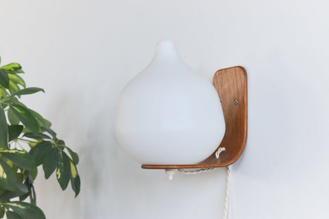 Vintage Swedish Bent Ply and Glass Opaline Wall Light by Uno & Östen Kristiansson for Luxus Vittsjö