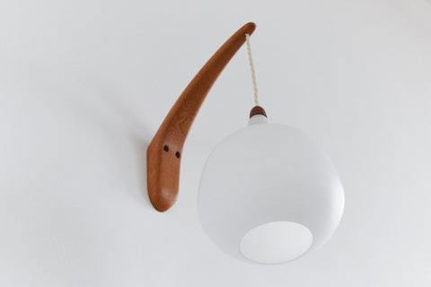 Vintage Swedish Wood and Glass Opaline Wall Light by Uno & Östen Kristiansson for Luxus Vittsjö Model 705