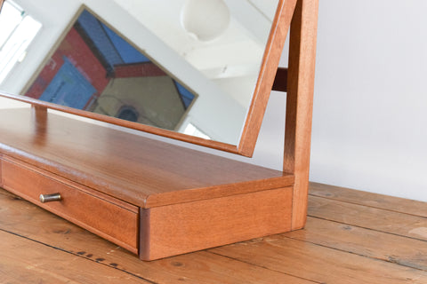 Vintage Table Top Teak Vanity Mirror with Drawers