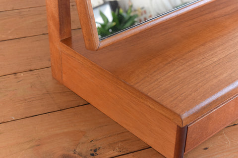 Vintage Table Top Teak Vanity Mirror with Drawers
