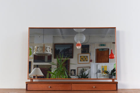 Vintage Table Top Teak Vanity Mirror with Drawers