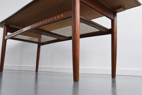 Vintage Teak Coffee Table with Rattan Magazine Shelf