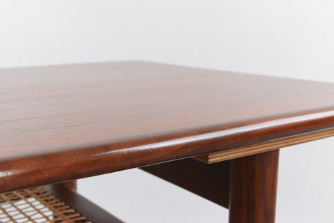 Vintage Teak Coffee Table with Rattan Magazine Shelf