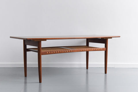 Vintage Teak Coffee Table with Rattan Magazine Shelf