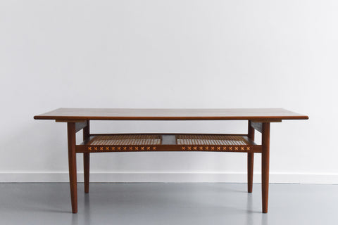 Vintage Teak Coffee Table with Rattan Magazine Shelf