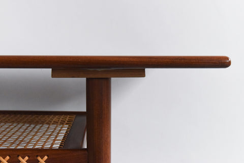 Vintage Teak Coffee Table with Rattan Magazine Shelf