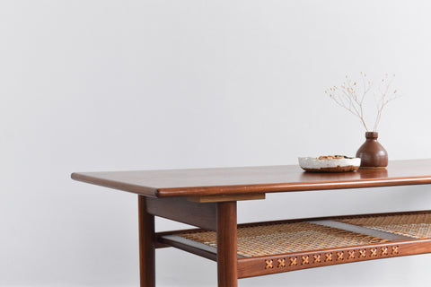 Vintage Teak Coffee Table with Rattan Magazine Shelf