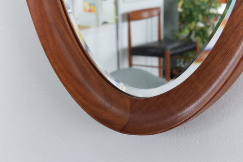 Vintage Danish Teak Oval Mirror with Curved Frame