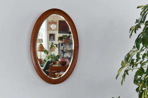 Vintage Danish Teak Oval Mirror with Curved Frame