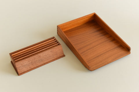 Vintage Teak Paper Tray and Letter Rack Set
