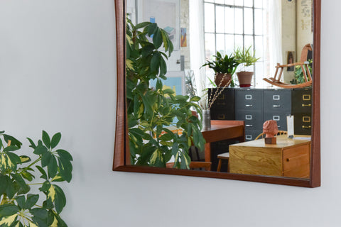 Vintage Square Danish Teak Mirror with Curved Concave Frame