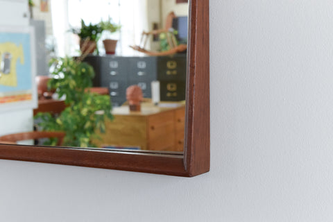 Vintage Square Danish Teak Mirror with Curved Concave Frame