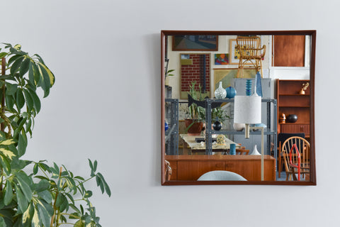 Vintage Square Danish Teak Mirror with Curved Concave Frame