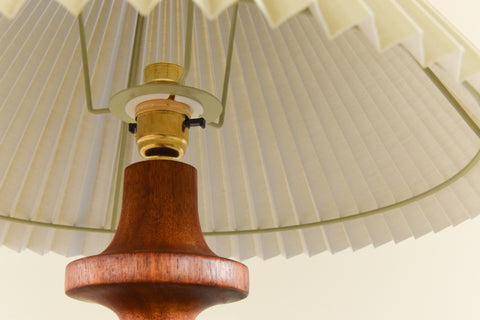 Vintage Teak Table Lamp with New Sage Green Pleated Lampshade