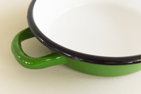 Vintage Twin Handle Small Shallow Green Enamel Frying Pan