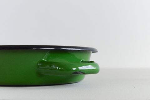 Vintage Twin Handle Small Shallow Green Enamel Frying Pan