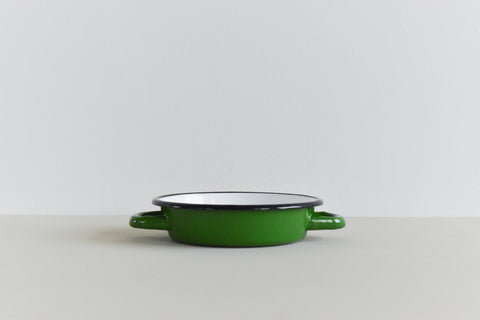Vintage Twin Handle Small Shallow Green Enamel Frying Pan