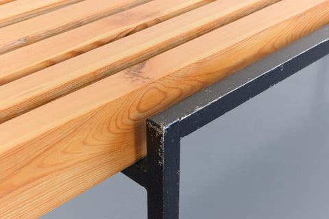 Vintage Swedish Pine and Metal Slatted Bench