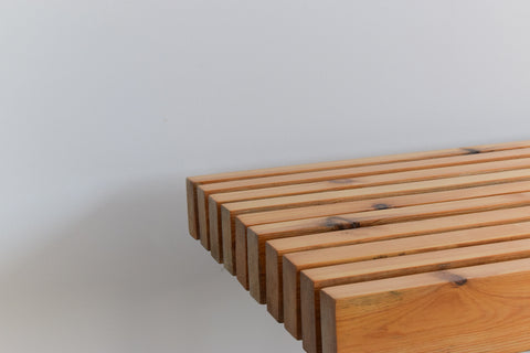 Vintage Swedish Pine and Metal Slatted Bench