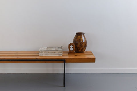 Vintage Swedish Pine and Metal Slatted Bench