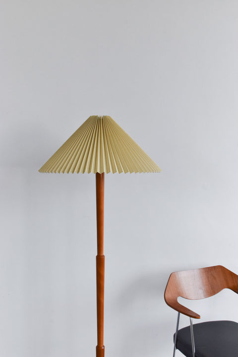 Vintage Wooden Floor Lamp with New Pleated Beige Shade