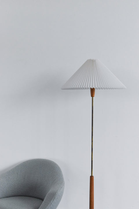 Vintage Wooden Standing Lamp with New Pleated White Shade