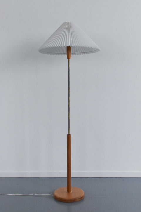 Vintage Wooden Standing Lamp with New Pleated White Shade