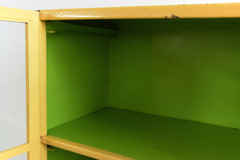 Vintage Yellow and Green Metal Industrial Glazed Cabinet