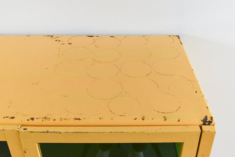 Vintage Yellow and Green Metal Industrial Glazed Cabinet