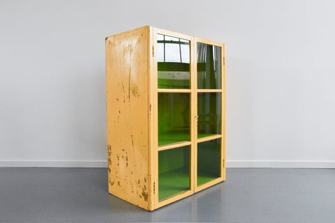 Vintage Yellow and Green Metal Industrial Glazed Cabinet