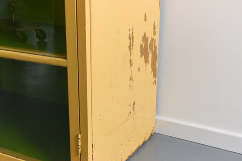 Vintage Yellow and Green Metal Industrial Glazed Cabinet