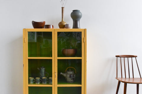 Vintage Yellow and Green Metal Industrial Glazed Cabinet