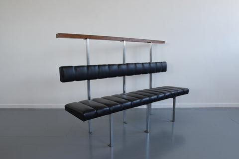 Vintage Black Vinyl, Steel and Teak Bench from Carlisle's Civic Centre Council Chamber