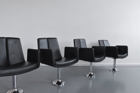 Vintage Single Black / Charcoal Grey Vinyl Fixed Swivel Arm Chair from Carlisle's Civic Centre Council Chamber