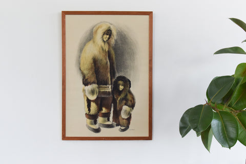 Vintage Framed Inuit Lithograph Print by B. Gru