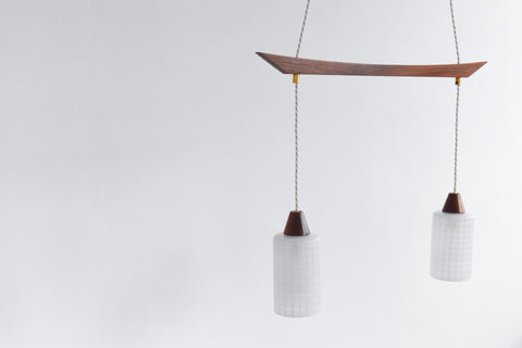 Vintage 1960s Teak and Frosted Glass Double Pendant Chandelier
