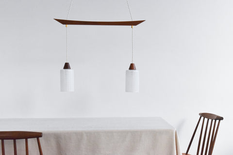 Vintage 1960s Teak and Frosted Glass Double Pendant Chandelier