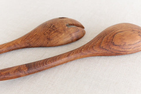 Vintage 1960s Wooden Salad Serving Spoon and Fork Set