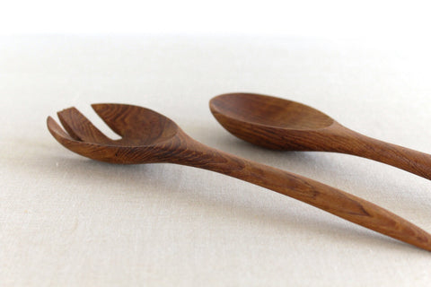 Vintage 1960s Wooden Salad Serving Spoon and Fork Set