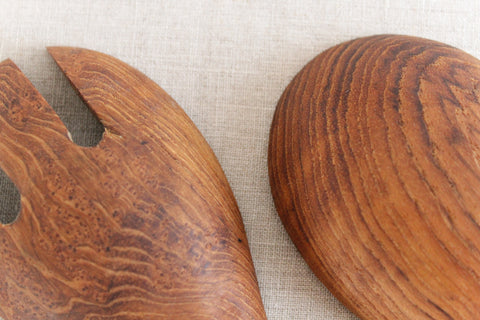 Vintage 1960s Wooden Salad Serving Spoon and Fork Set