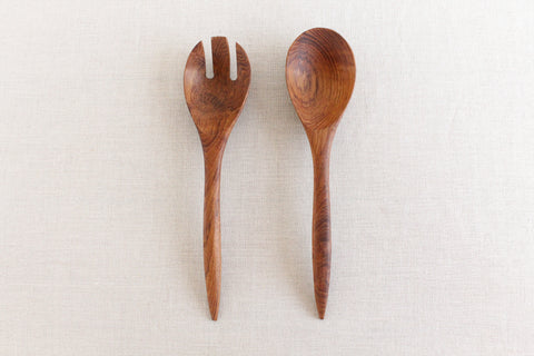 Vintage 1960s Wooden Salad Serving Spoon and Fork Set