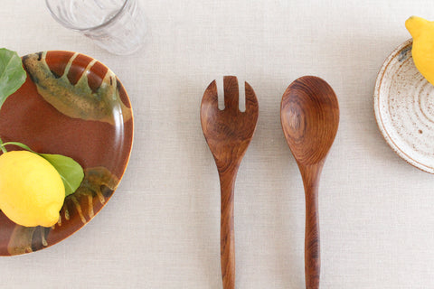 Vintage 1960s Wooden Salad Serving Spoon and Fork Set