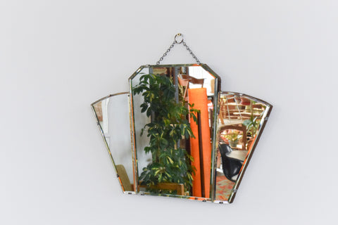 Vintage Art Deco Fan Shaped Frameless Bevelled Wall Mirror