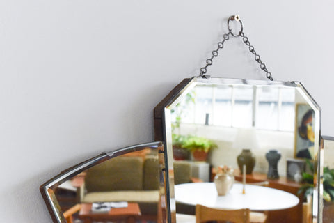 Vintage Art Deco Fan Shaped Frameless Bevelled Wall Mirror