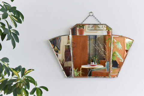 Vintage Art Deco Fan Shaped Frameless Bevelled Wall Mirror